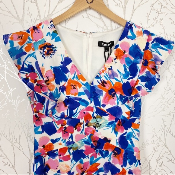 DKNY V-Neck Watercolor Floral Print Ruffle Cap Sleeve Sheath Dress NWT 2 - Picture 6 of 10